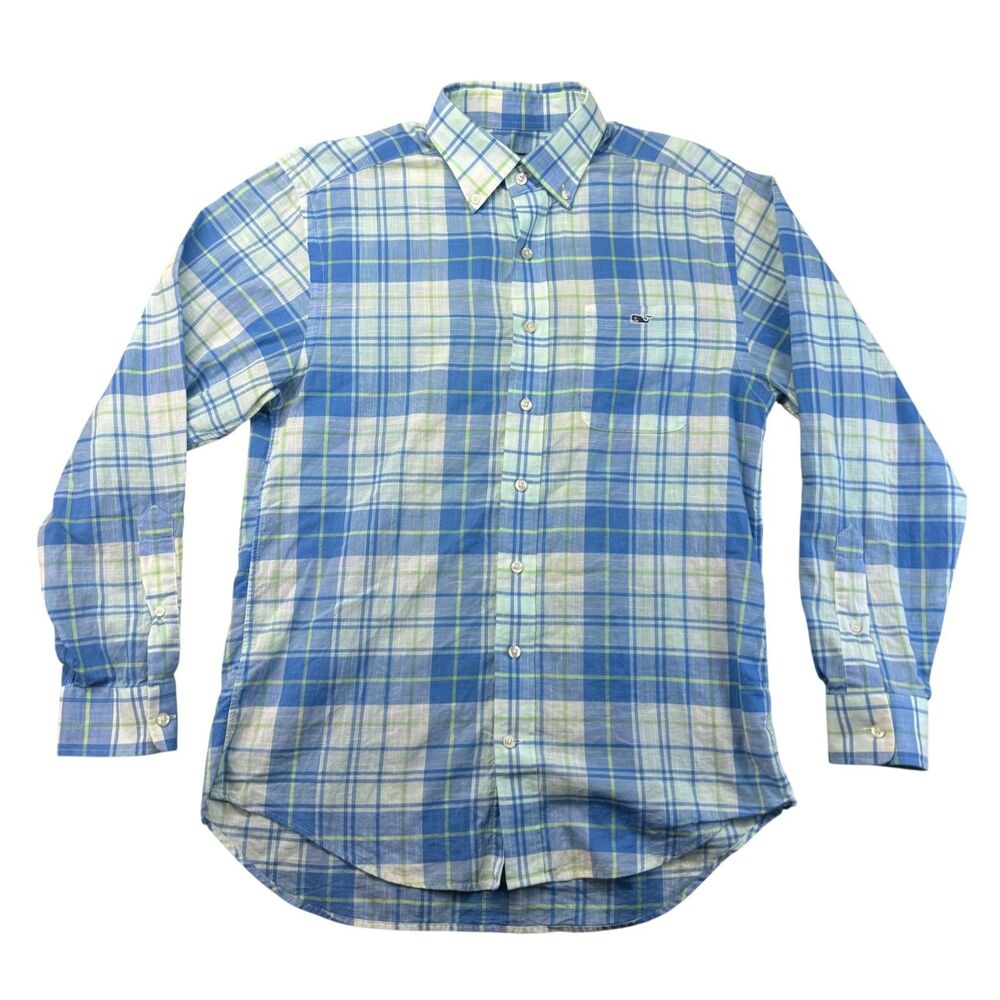 Vineyard Vines Shirt Men's Small Blue Green Plaid Long Sleeve Tucker Button Down